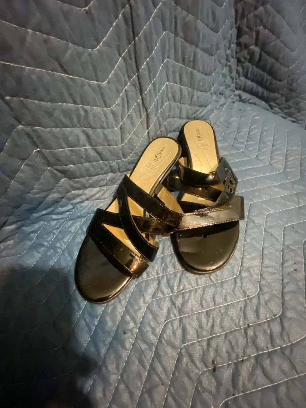 East 5th Black Patent Leather Heeled Slide Sandals
